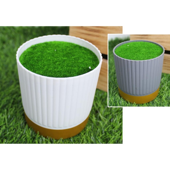 Ghiveci 7&7 cu miez din polistiren si muschi, 10x9cm, alb-gri