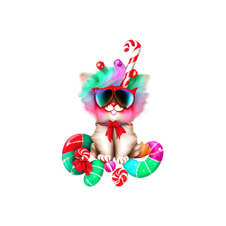 Sticker Pisica cu fundita si bombonele colorate, Autoadeziv, Cri-Flo, Marime 6 cm