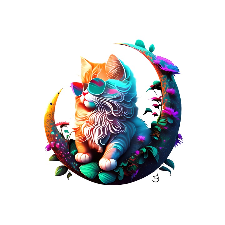 Sticker Pisica curcubeu cu flori albastre pe luna aurie, Autoadeziv, Cri-Flo, Marime 25 cm