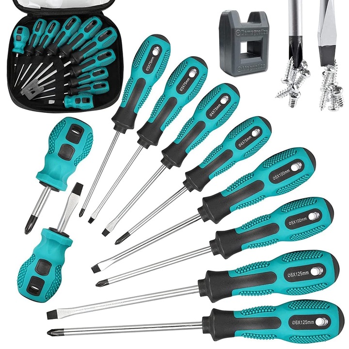 Комплект от 10 магнитни отвертки, Axroad Mall, С магнетизатор и чанта за съхранение, За телефон, компютър, часовник, лаптоп, Macbook, електронни бижута, играчки, ремонт на очила, Въглеродна стомана, 210*195*4 мм, Зелен/Черен