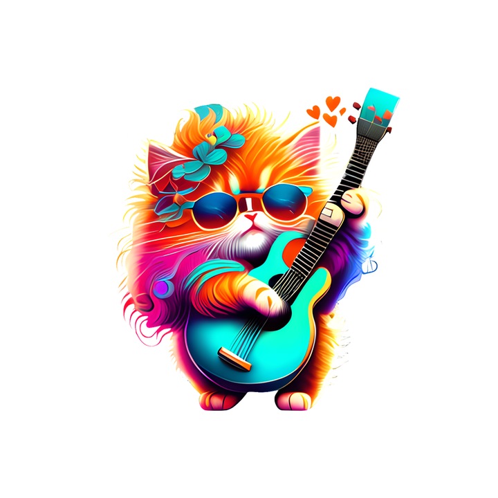 Sticker Pisica curcubeu cu chitara electrica si flori albastre, Autoadeziv, Cri-Flo, Marime 25 cm