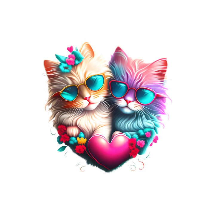 Sticker Pisici inlantuite de inima si flori fundal alb, Autoadeziv, Cri-Flo, Marime 6 cm