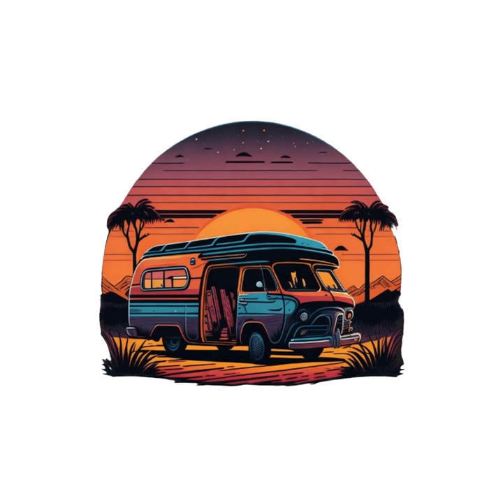 Sticker Rulota mov pe plaja apus stil desen artistic, Autoadeziv, Cri-Flo, Marime 6 cm