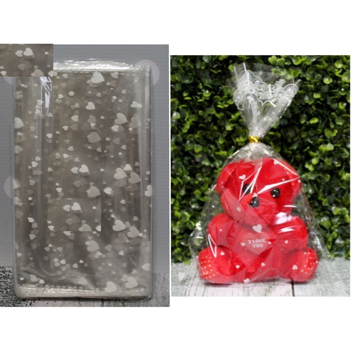 Folia, set 100 woreczki decorative transparente cu inimioare si stele, 25x18 cm