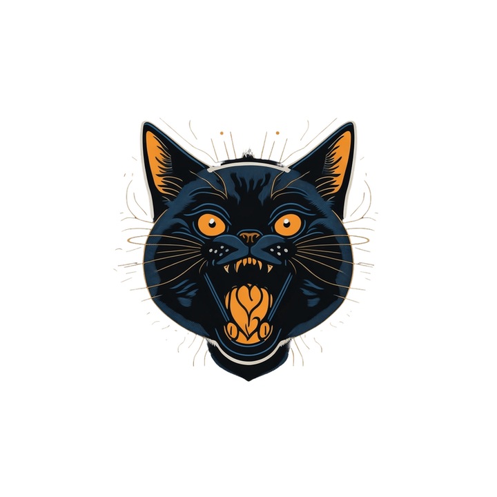 Sticker Pisica neagra cu dinti mari si fundal alb, Autoadeziv, Cri-Flo, Marime 10 cm