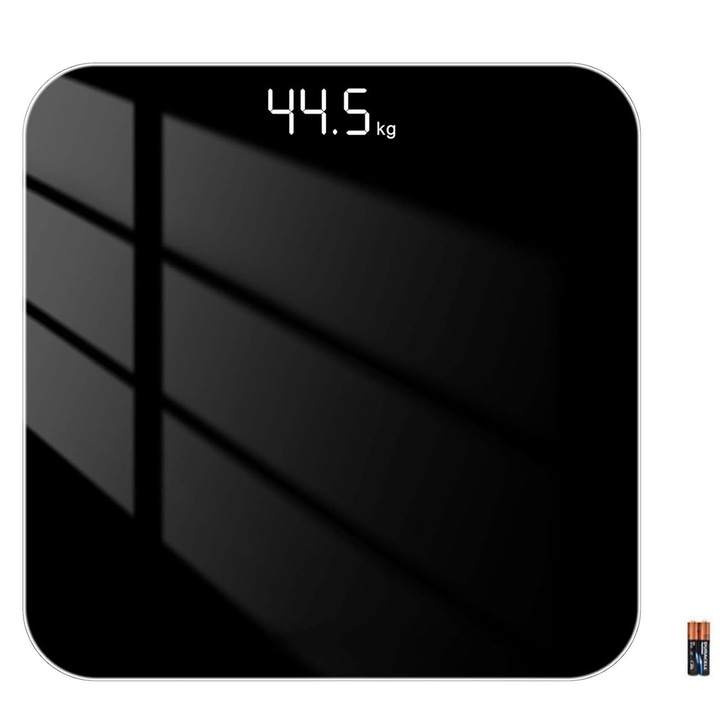 Интелигентен електронен кантар, ZGGZERG, Кантар за баня, максимално тегло 200кг, включени батерии, Осветен цифров екран, LED дисплей, лек и преносим, лесен за инсталиране, за баня, спалня или фитнес зала, Закалено стъкло, 26*26см, черен