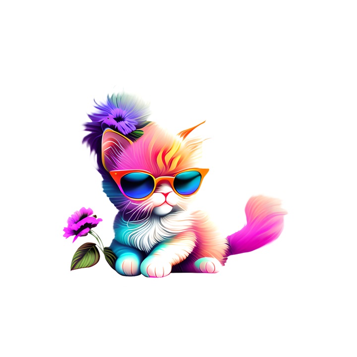 Sticker Pisicuta roz cu ochelari si coada mov pastel, Autoadeziv, Cri-Flo, Marime 10 cm