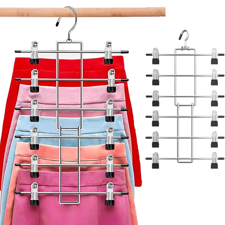 Set Umerase Organizator pentru Pantaloni din Metal 1 Bucati, ZGGZERG, UnicUtil, Design E-Shape Inovator, Economiseste Spatiu in Dulap, 6 Tije per Umeras pentru Organizare Eficienta, Ideal pentru Pantaloni, Fuste, Cravate, 52.5*32cm, Argintiu/Negru