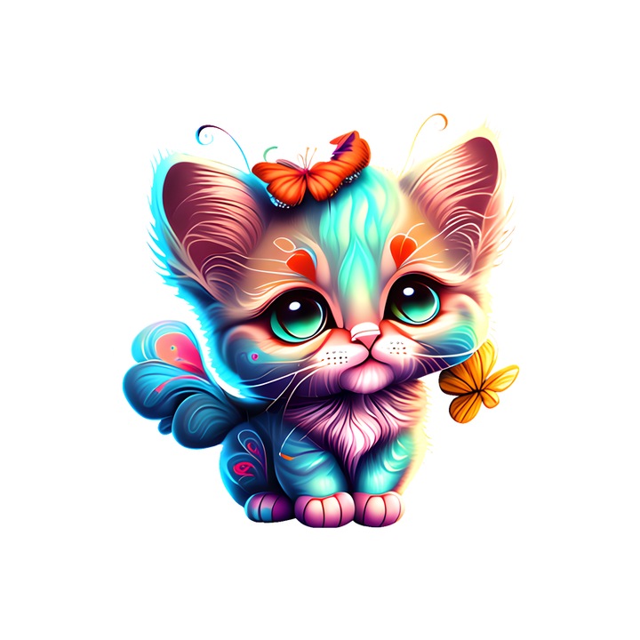 Sticker Pisicuta albastra cu fundita si fluture portocaliu, Autoadeziv, Cri-Flo, Marime 10 cm