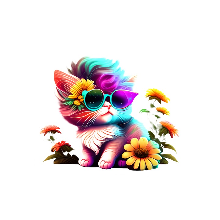 Sticker Pisica curcubeu cu flori si ochelari fundal negru, Autoadeziv, Cri-Flo, Marime 6 cm