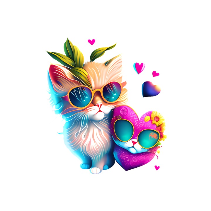 Sticker Pisica alba cu flori galbene si fundal curat, Autoadeziv, Cri-Flo, Marime 6 cm