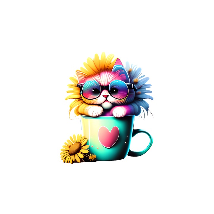 Sticker Pisica cu cana de cafea si ochelari albastri, Autoadeziv, Cri-Flo, Marime 20 cm