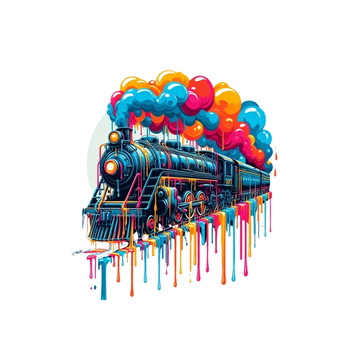 Sticker Tren cu baloane colorate si vopsea fundal alb, Autoadeziv, Cri-Flo, Marime 25 cm