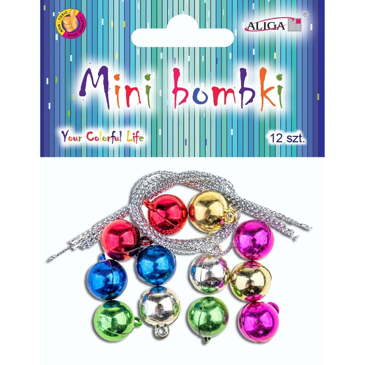 Set globuri de Craciun Aliga Mini Bombki 12mm, 12 bucati cu snururi 15cm, multicolor