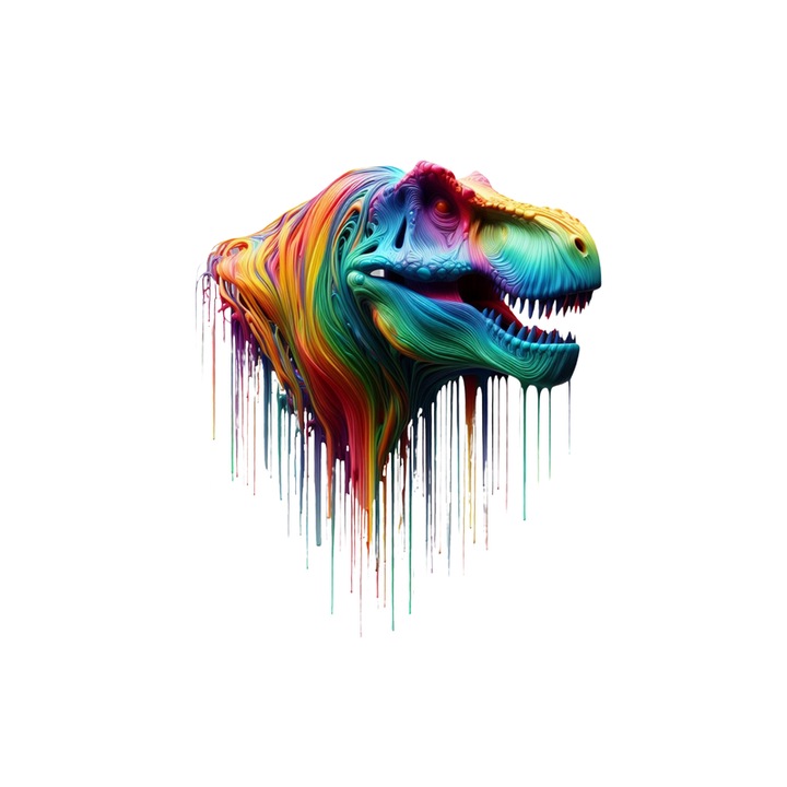 Sticker Tyrannosaurus rex in culori curcubeu fundal alb, Autoadeziv, Cri-Flo, Marime 10 cm