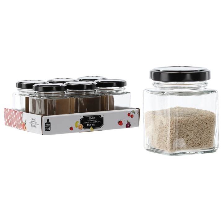 6 darabos Chomik szögletes üvegkészlet fém fedéllel, 150 ml