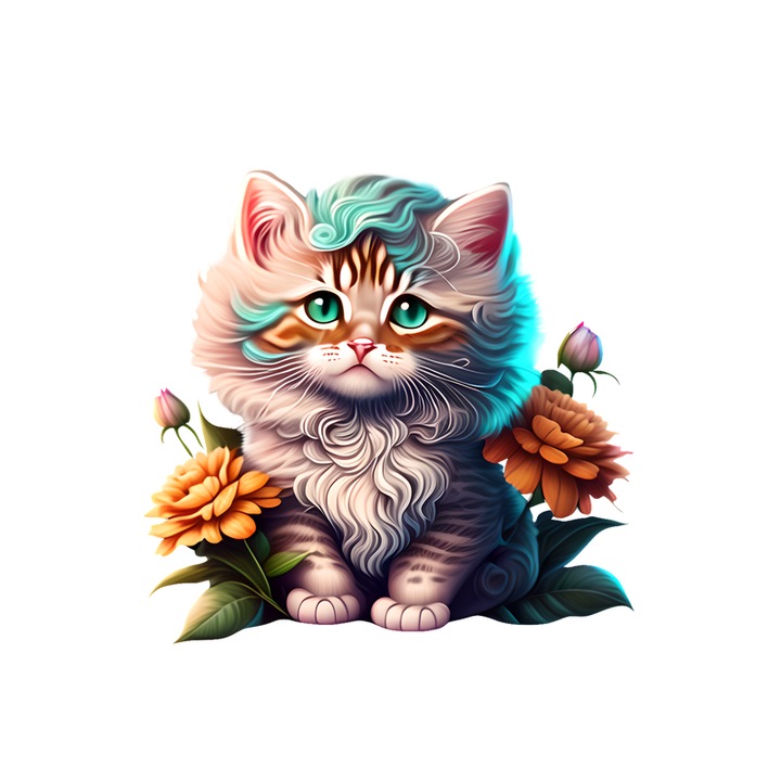 Sticker Pisicuta pufoasa cu floare si fundal alb luminos, Autoadeziv, Cri-Flo, Marime 6 cm