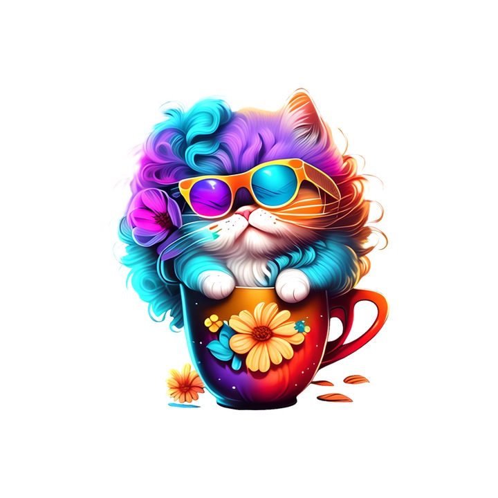 Sticker Pisica pufoasa cu flori si cana rosie, Autoadeziv, Cri-Flo, Marime 10 cm