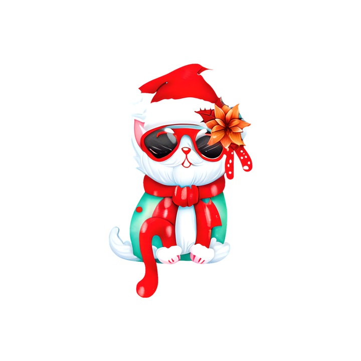 Sticker Pisica Craciun cu baston rosu si esarfa cu buline, Autoadeziv, Cri-Flo, Marime 20 cm