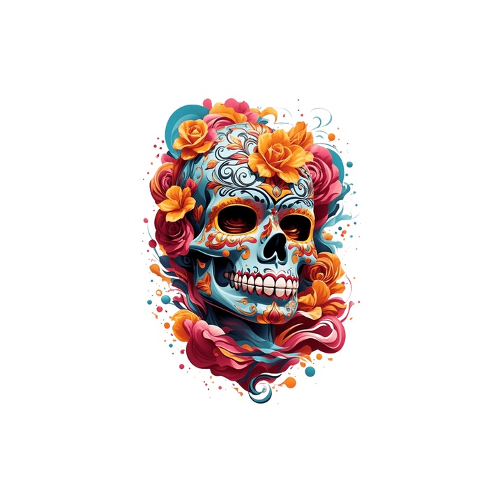 Sticker Craniu dia de los muertos colorat cu flori, Autoadeziv, Cri-Flo, Marime 10 cm