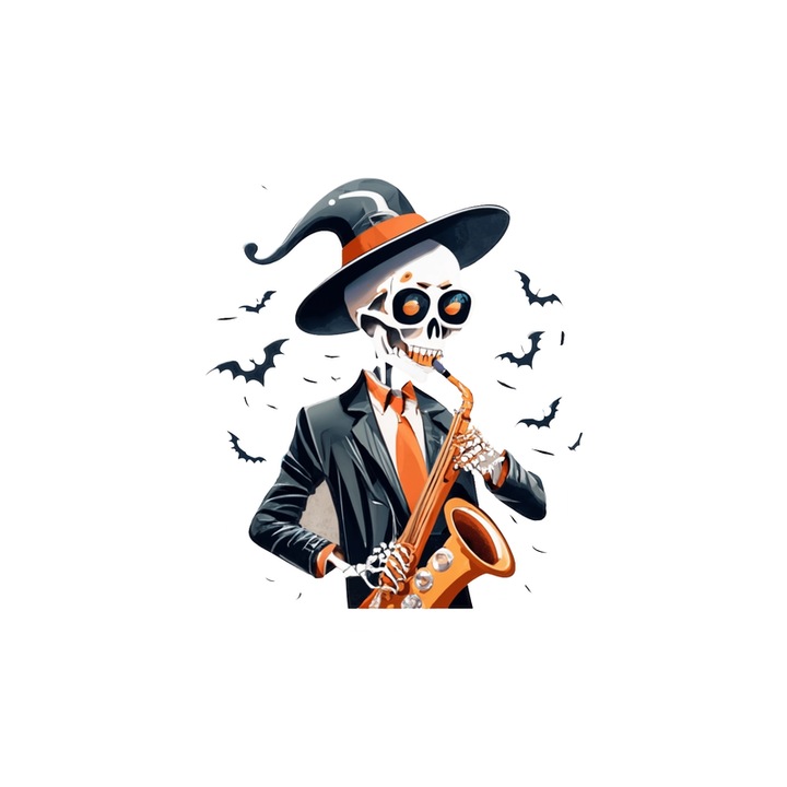 Sticker Schelet cu saxofon si costum elegant fundal alb, Autoadeziv, Cri-Flo, Marime 10 cm