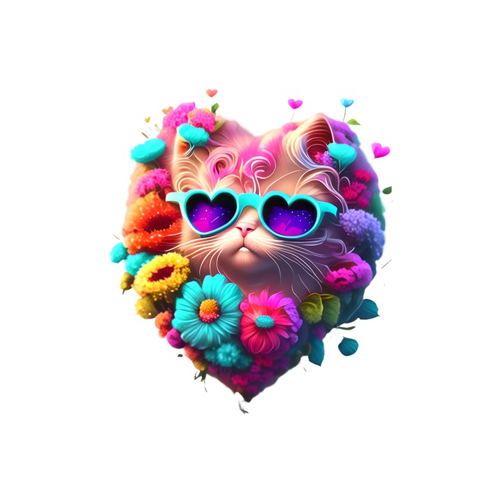 Sticker Pisicuta roz in forma de inima cu ochelari fundal alb, Autoadeziv, Cri-Flo, Marime 6 cm