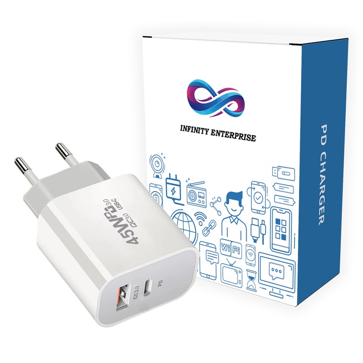 Infinity Enterprise fali töltő, gyorstöltés típusa 2 x port, USB 45W + USB C 45W gyorstöltés, kompatibilis a Huawei, Samsung, iPhone 16/16 Plus/16 Pro/16 Pro Max, Xiaomi, Oppo, OnePlus, Nokia, Sony, Honor, Motorola, HTC, Realme készülékekkel, fehér