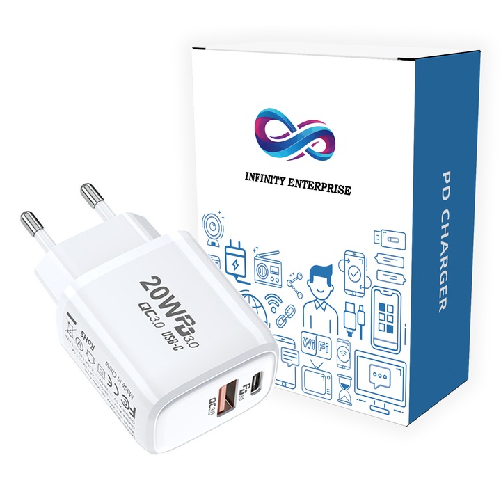 Зарядно за стена Infinity Enterprise, бързо зарежд тип 2 x порта, USB 20W + USB C 20W бързо зарежд, съвмест с Huawei, Samsung, iPhone 16/16 Plus/16 Pro/...