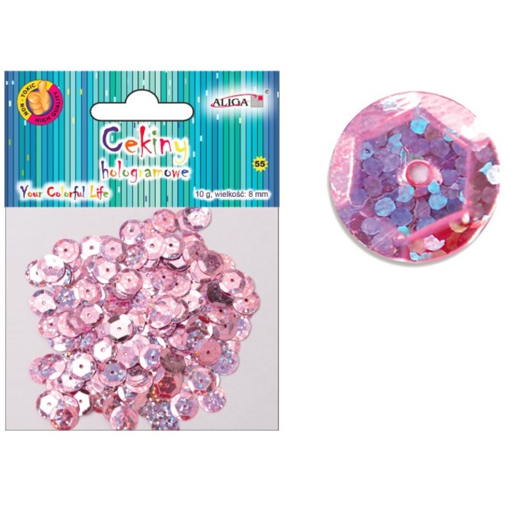 Paiete holografice Aliga, 12 bucati, roz, 8mm 10g