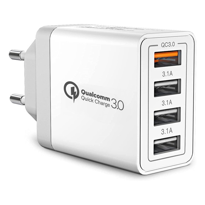 Incarcator priza Infinity Enterprise, Fast Charge Type 4 x porturi USB 33W incarcare rapida, compatibil Huawei, Samsung, iPhone 16/16 Plus/16 Pro/16 Pro Max, Xiaomi, Oppo, OnePlus, Nokia, Sony, Honor, Motorola, HTC, Realme, Alb