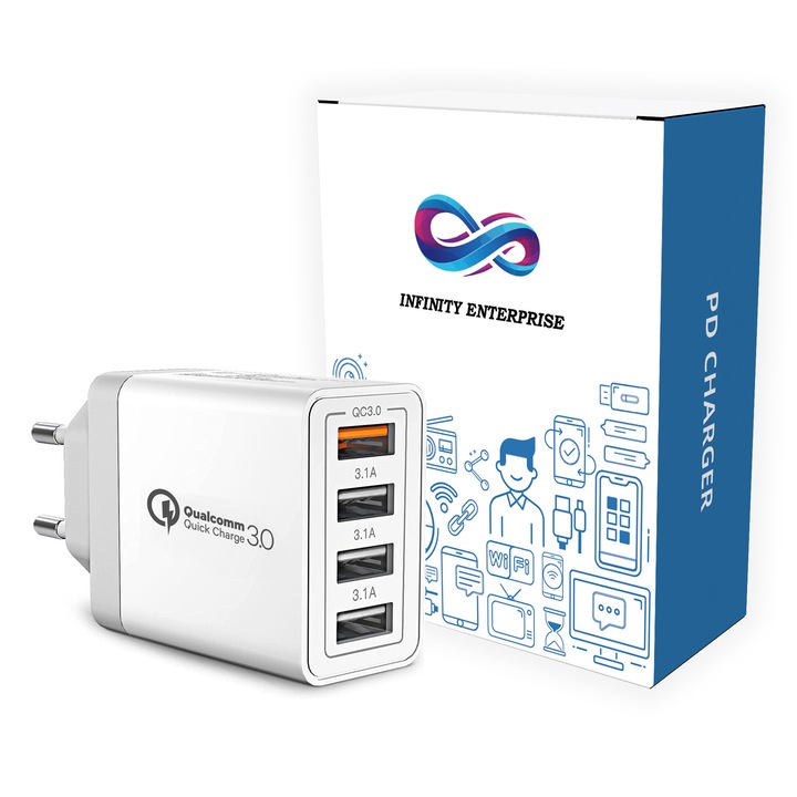 Infinity Enterprise fali töltő, gyorstöltés típusa 4 x USB port 33W gyorstöltés, kompatibilis a Huawei, Samsung, iPhone 16/16 Plus/16 Pro/16 Pro Max, Xiaomi, Oppo, OnePlus, Nokia, Sony, Honor, Motorola, HTC, Realme készülékekkel, fehér