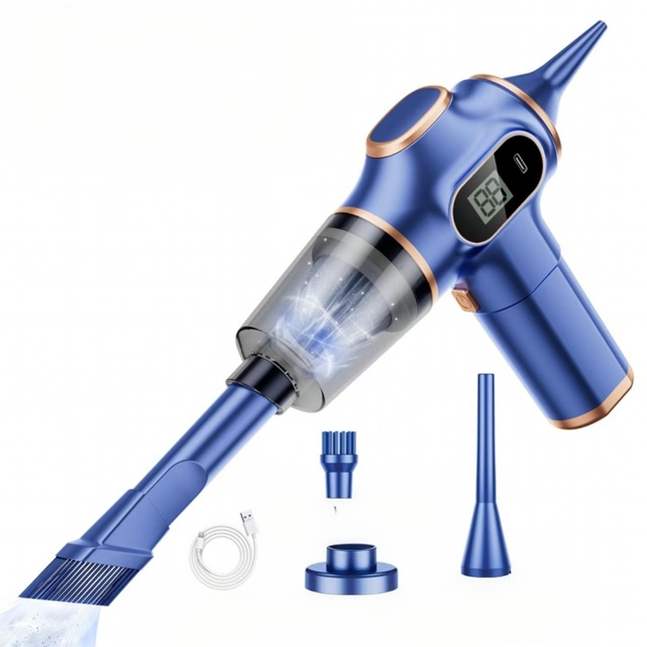 4 az 1-ben hordozható autós porszívó, tisztító funkció, légpumpálás, sterilizálás, kék, 90 W, 6 darabos tartozékkészlet