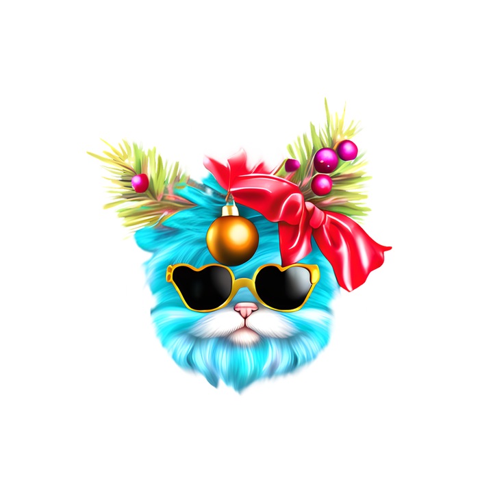 Sticker Pisica albastra cu fundita si globuri roz, Autoadeziv, Cri-Flo, Marime 10 cm