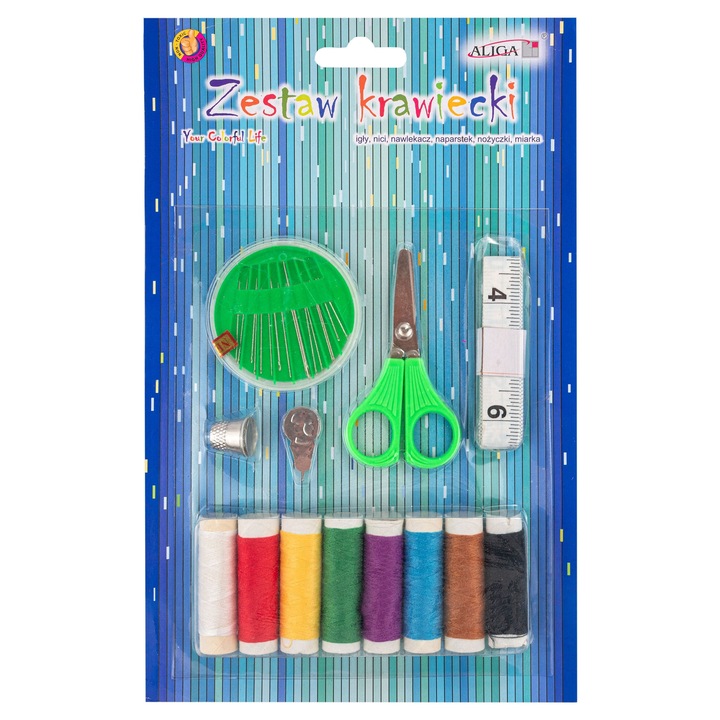 Set de cusut Aliga - ace, fire, infasurator, thimble, foarfece, ruleta