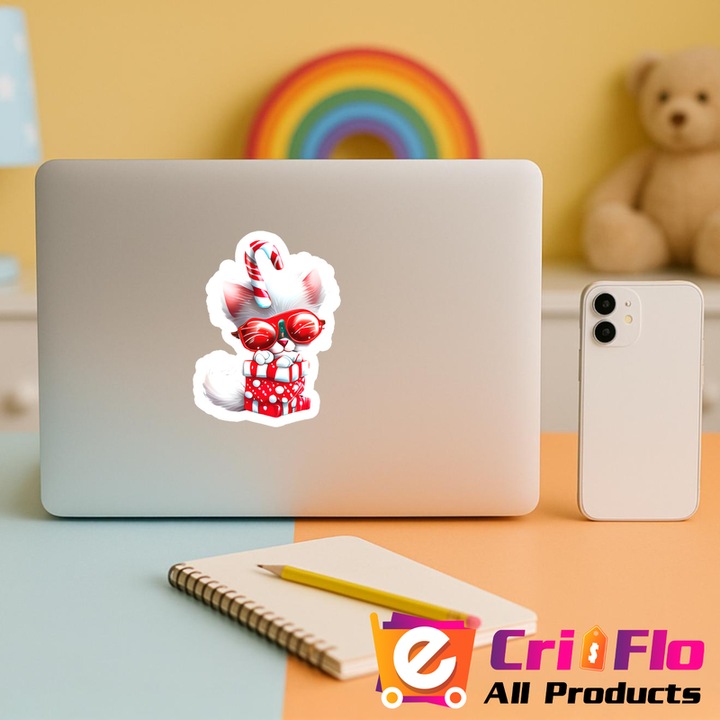 Sticker Pisica alba cu cadou si ochelari de Craciun, Autoadeziv, Cri-Flo, Marime 6 cm