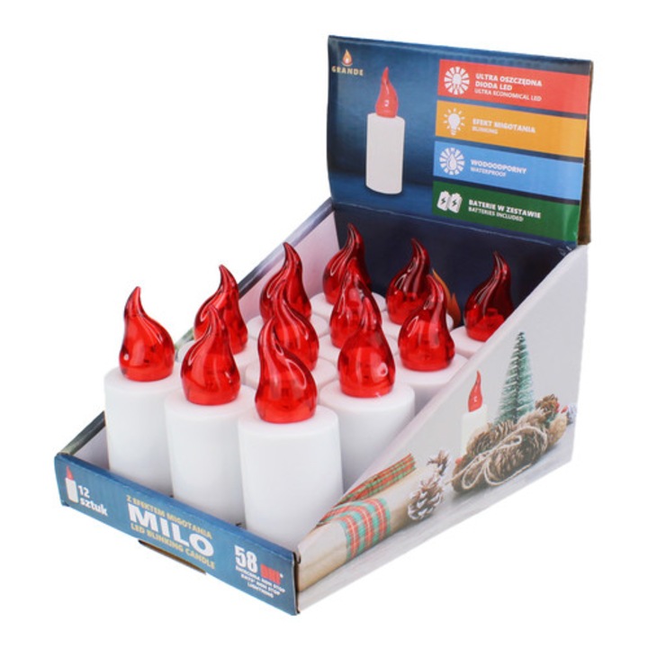 Комплект от 12 електрически свещи, Grande, LED, бяло/червено