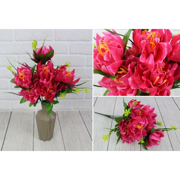 Buchet artificial 7&7, 9 flori, roz inchis, 45x10 cm