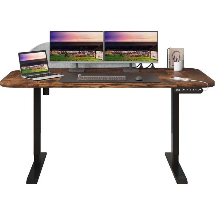 Бюро с електрическо регулиране на височината, Gudewill, параван за поверителност (сив) с, с електрическо регулиране на височината, плот 160x76 см с MDF/стомана, устойчиви на петна функции за памет, кафяво