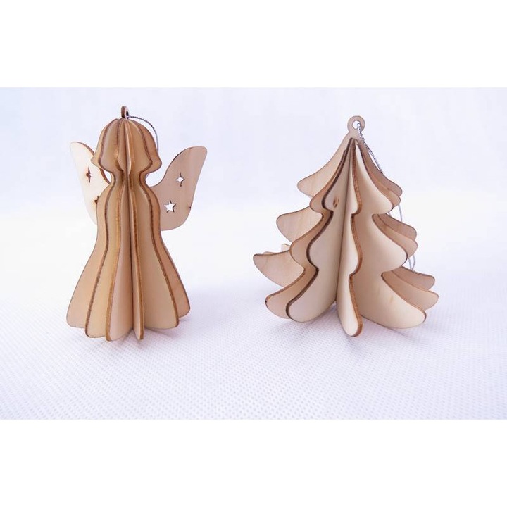 Set 2 ornamente brad Craciun, Topic, Lemn, Pliabile, 10cm, Bej