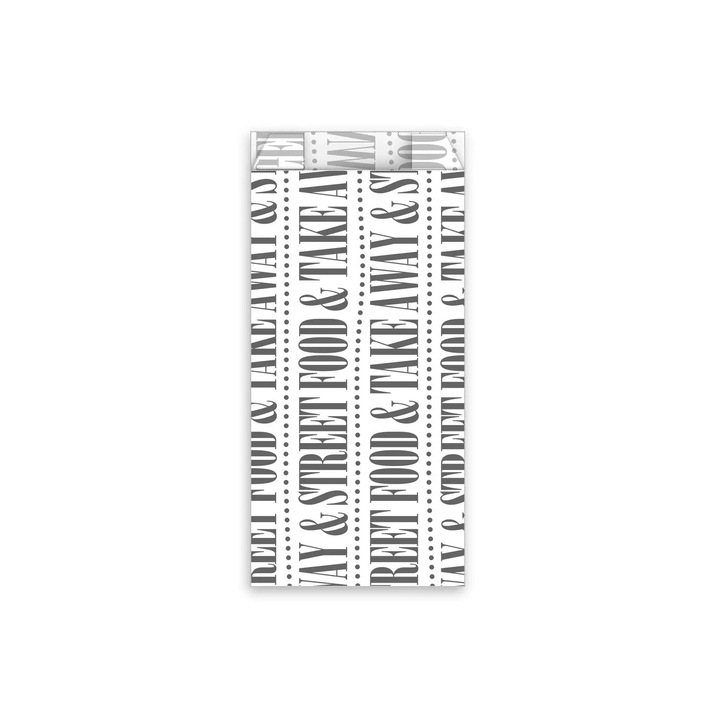 Hartie punga, wimex, 8+4 cm x 17 cm, 300 bucati, rezistenta la grasimi, biodegradabila, alba cu imprimeu, material din hartie, destinata pentru hot dog si alte gustari