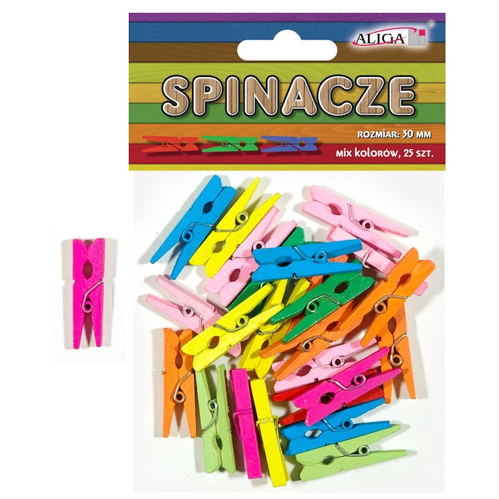 Set accesorii uscatoare rufe, Aliga, klamerki/spinacze din lemn, 25 bucati, mix