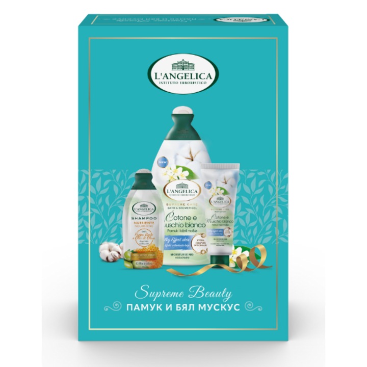 Комплект, L'Angelica Supreme Beauty Памук И Бял Мускус, душ гел лосион за тяло и шампоан, 1 х 500 мл, 1 х 250 мл, 1 х 10 мл