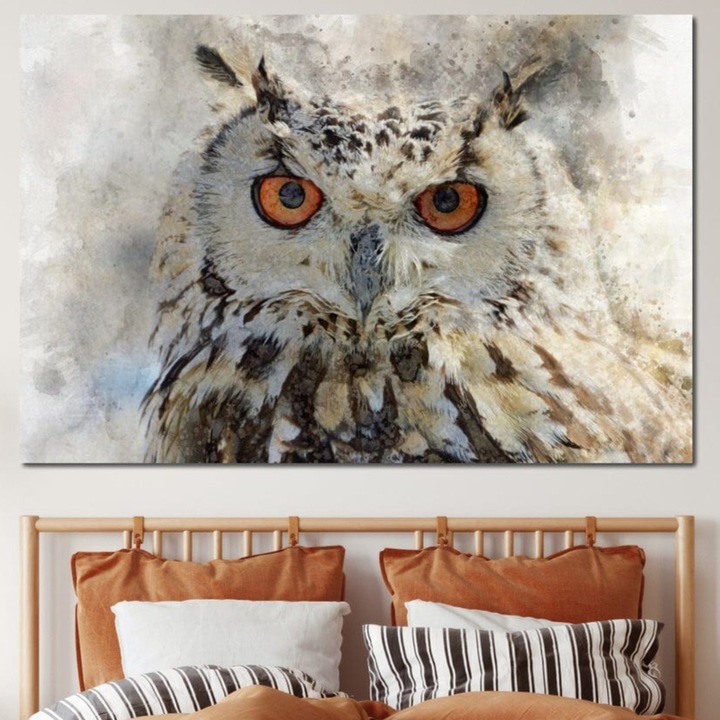 Tablou Canvas Premium, LuxCanva® M1022, Bufnita Pictata in Ceata, 70 X 100 CM, Panza Bumbac 100% 400g/m2, Sasiu Lemn, Bufnita, Pasare, Intelepciune, Mister, Privire, Penaj, Minimalist, Birou, Living, Camera Copii