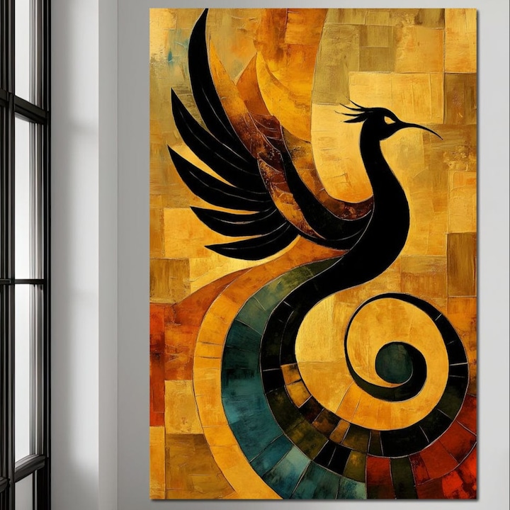 Tablou Canvas Premium, LuxCanva® M1023, Renastere Abstracta, 70 X 100 CM, Panza Bumbac 100% 400g/m2, Sasiu Lemn, Pasare, Zbor, Silueta, Aripi, Coada, Eleganta, Abstract, Modern, Mitologie, Birou, Living, Camera Copii