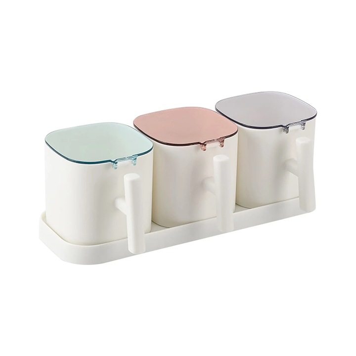 Set recipiente pentru condimente ZYBLSSBB, 3 borcanase din plastic cu lingurite si suport, capace pastel multicolor