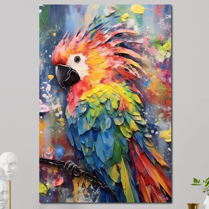 Tablou Canvas Premium, LuxCanva® M1026, Curcubeu Tropical, 80 X 120 CM, Panza Bumbac 100% 400g/m2, Sasiu Lemn, Papagal, Exotic, Tropical, Curcubeu, Jungla, Insula, Contrast, Vacanta, Birou, Living, Camera Copii