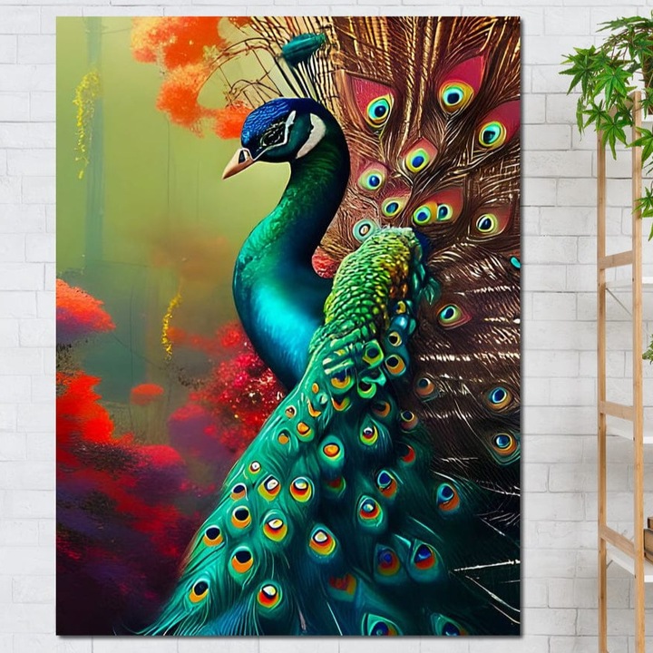 Tablou Canvas Premium, LuxCanva® M1027, Splendoare Exotica, 45 X 60 CM, Panza Bumbac 100% 400g/m2, Sasiu Lemn, Paun, Pasare, Coada, Elegant, Mistic, Nobil, Boem, Exotic, Tropical, Birou, Living, Camera Copii