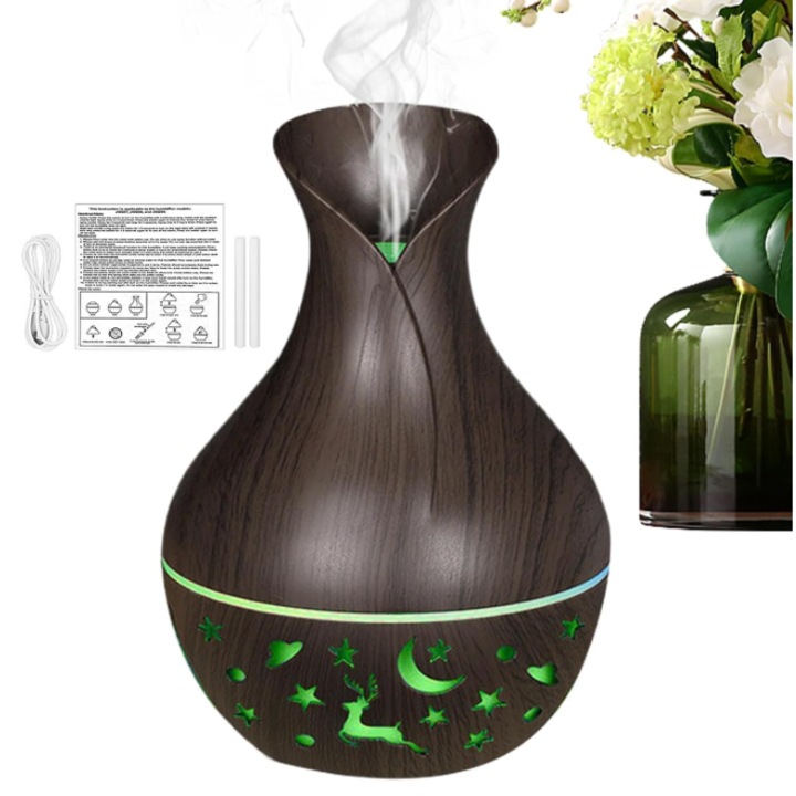 Овлажнител за въздух с ароматерапевтичен дифузер във формата на ваза, 200 мл, захранван от USB, ултразвуков дифузер, със 7 цвята - ТЪМНО ДЪРВЕНО ВЛАКНО