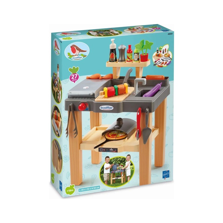 Simba Ecoiffier gyerekkonyha kiegészítőkkel, grillsütővel, mosogatóval, többszínű, szett
