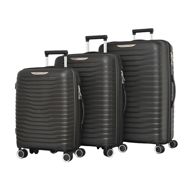 PERFECT++LINE PP 1616 bőrönd szett, hosszabbítóval, 76/50/30 cm, fekete, 3 darabos